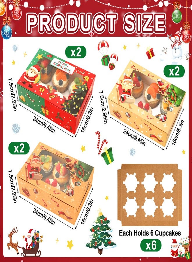 AUGSUN 6 Count Cupcake Boxes, Christmas Cupcake Carrier with Window,6 Sets Christmas Food Bakery Treat Holder,Kraft Gift Boxes for Gift Giving Cookie Pastry Birthday Holiday Party Supplies - Image 3